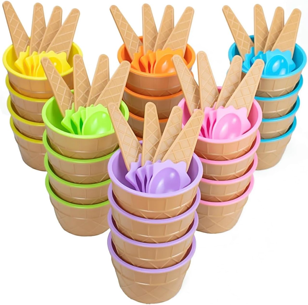 24 Pack 6 Set Frozen Summer Lawei Plastic Ice Cream Bowls with Spoons, Reusable Fun Ice Cream Cups Bulks, Cartoon Candy