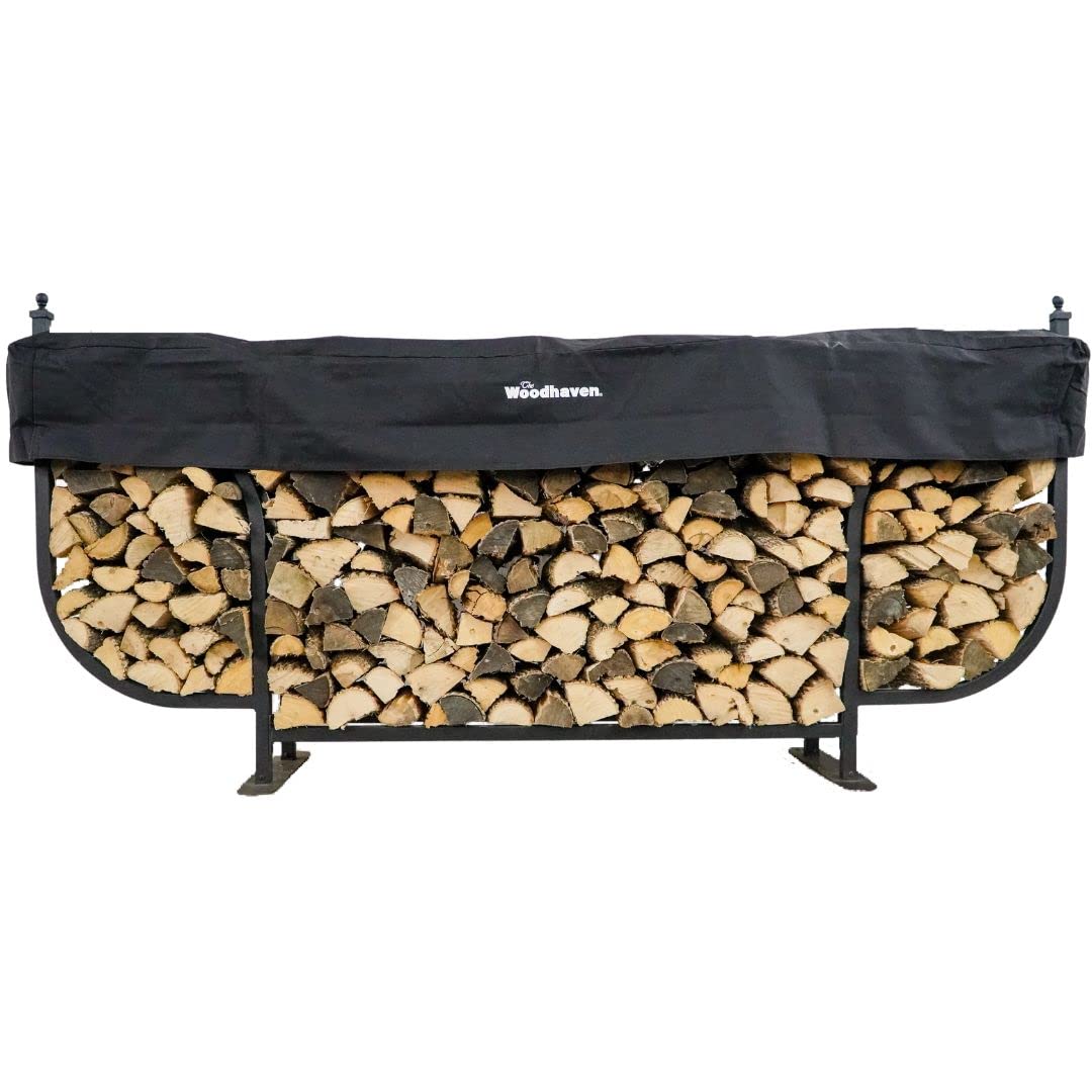 Woodhaven 9ft Courtyard Firewood Rack - Luxury Outdoor Log Holder With Cover - Made In USA - Black UV Stable Powder Coat Finish