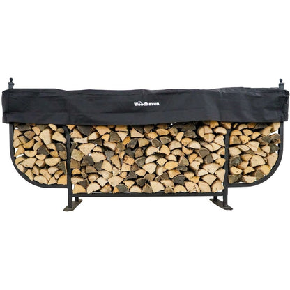 Woodhaven 9ft Courtyard Firewood Rack - Luxury Outdoor Log Holder With Cover - Made In USA - Black UV Stable Powder Coat Finish