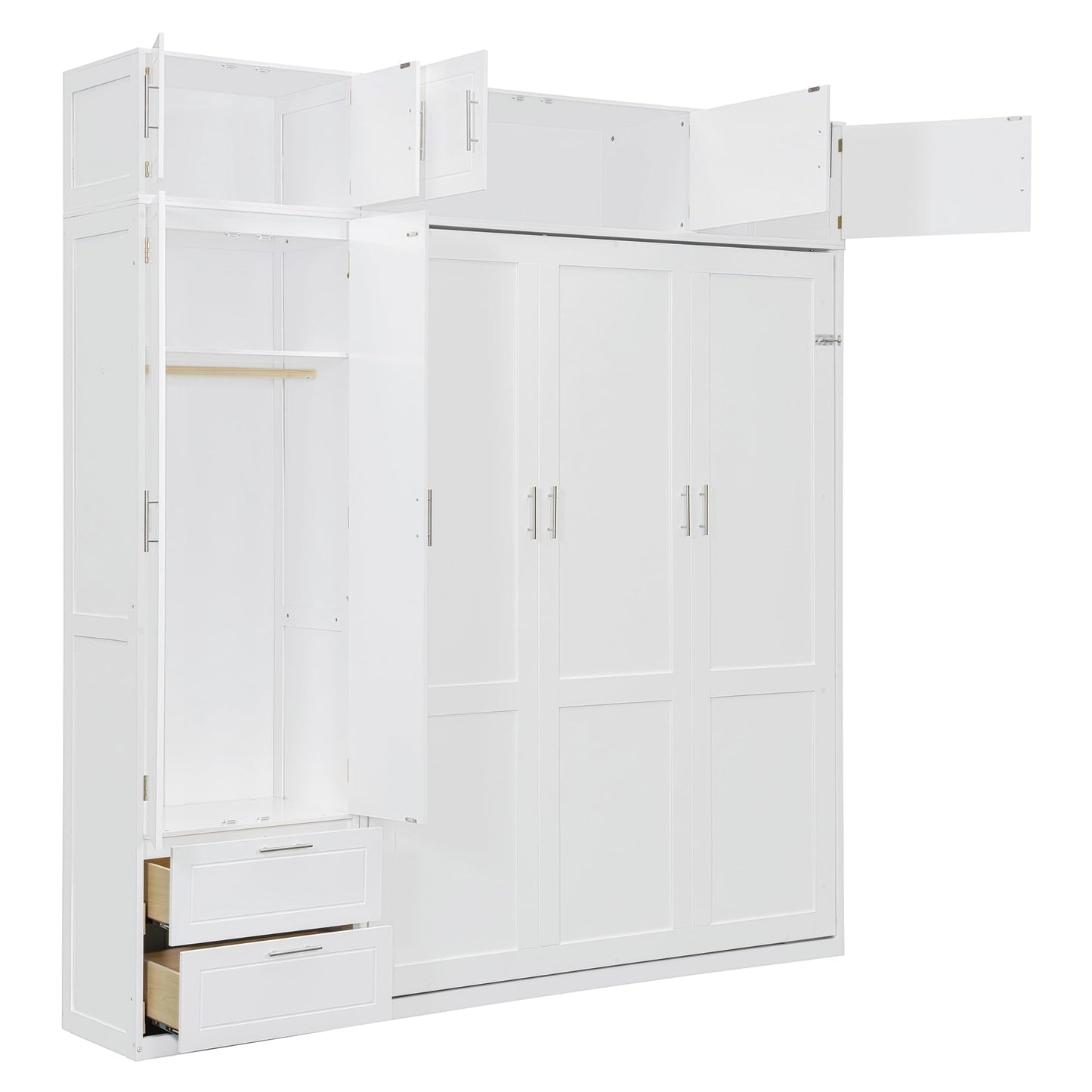 DNYN Murphy Bed Frame with Top Cabinets and Wardrobe for Bedroom/Guest Room/Home Office, Queen Size Foldable Wall Bed with Storage Drawers and Shelves, No Box Spring Needed