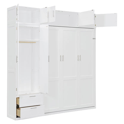 DNYN Murphy Bed Frame with Top Cabinets and Wardrobe for Bedroom/Guest Room/Home Office, Queen Size Foldable Wall Bed with Storage Drawers and Shelves, No Box Spring Needed