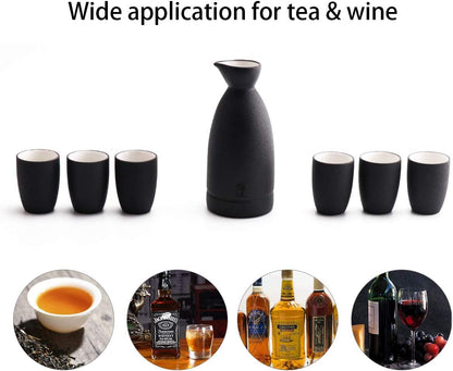 Ceramic Sake Set with Cups + Keep Sake Storage Box - Traditional Porcelain Pottery Drink Set Kit, 7-Piece