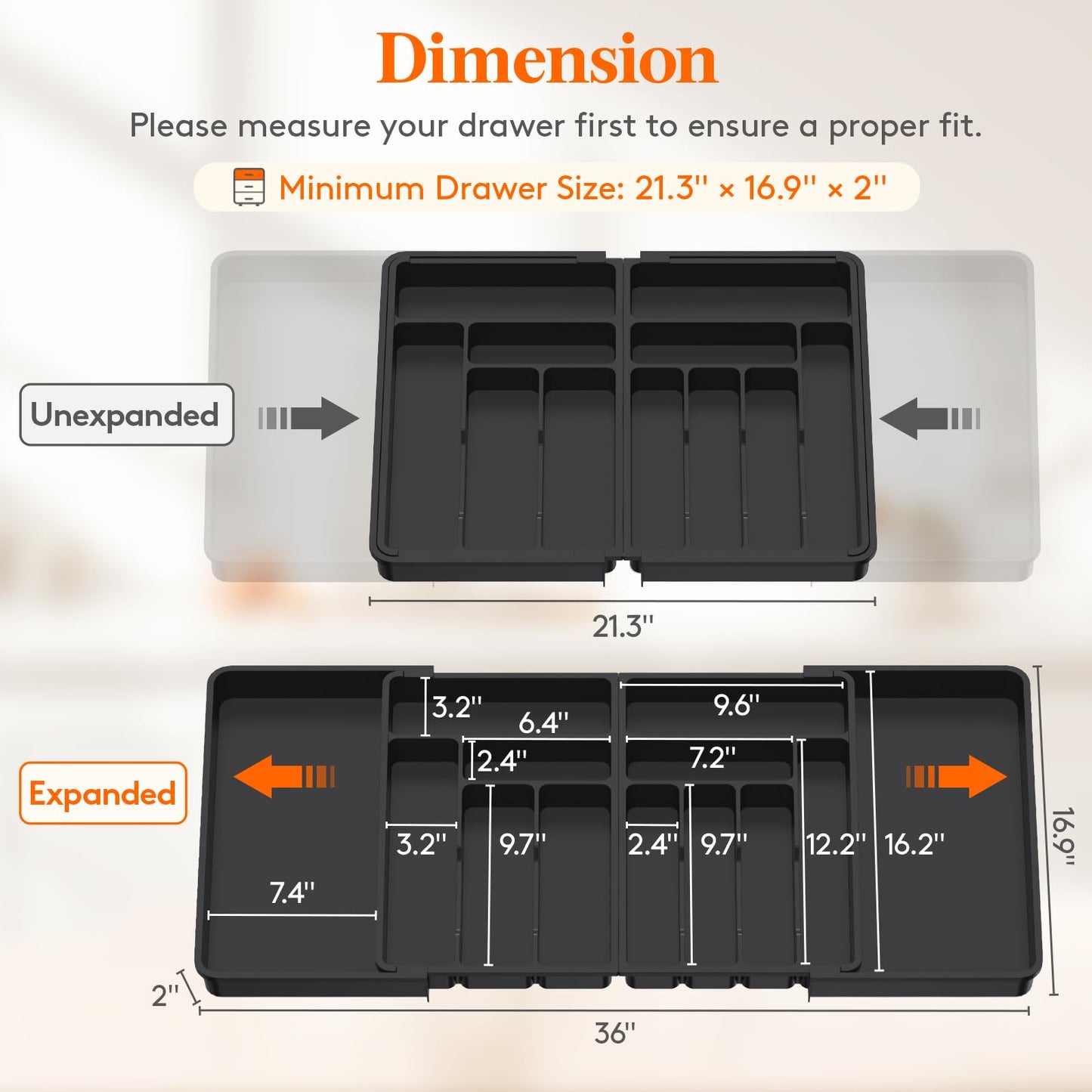 Lifewit Large Silverware Drawer Organizer, Expandable From 21 to 36 Inches, BPA Free Plastic Utensil Tray for Kitchen, Adjustable Flatware and Cutlery Holder for Spoons Forks Knives, Black