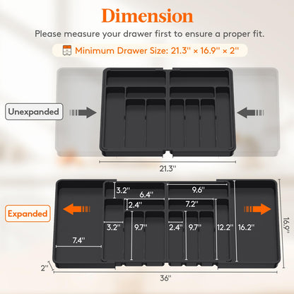 Lifewit Large Silverware Drawer Organizer, Expandable From 21 to 36 Inches, BPA Free Plastic Utensil Tray for Kitchen, Adjustable Flatware and Cutlery Holder for Spoons Forks Knives, Black