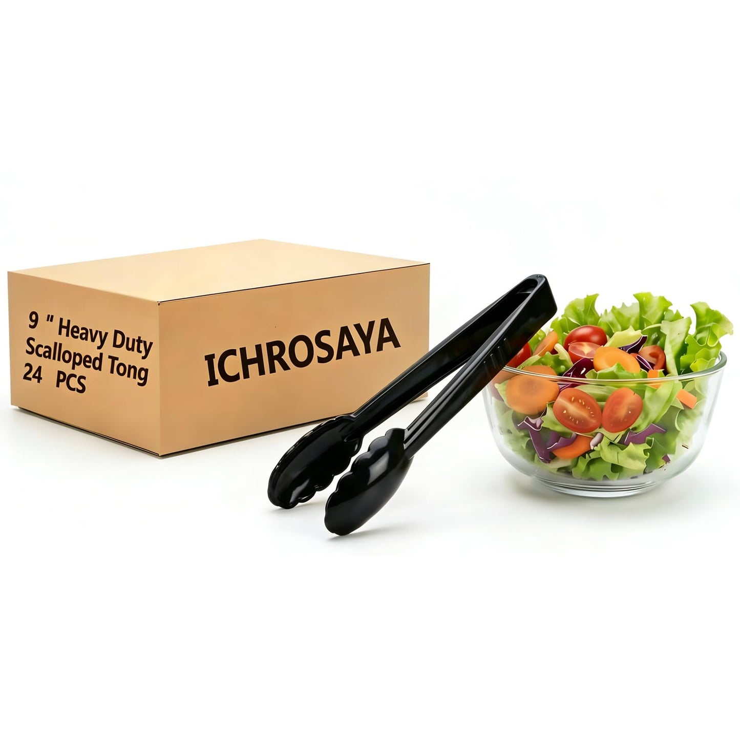 ICHROSAYA 24 Pieces Disposable Serving Tongs, 9" Heavy-Duty Plastic Utensils, BPA-Free, Scalloped Grip Salad Tongs, Perfect for Buffets, BBQ, Parties & Catering, Black