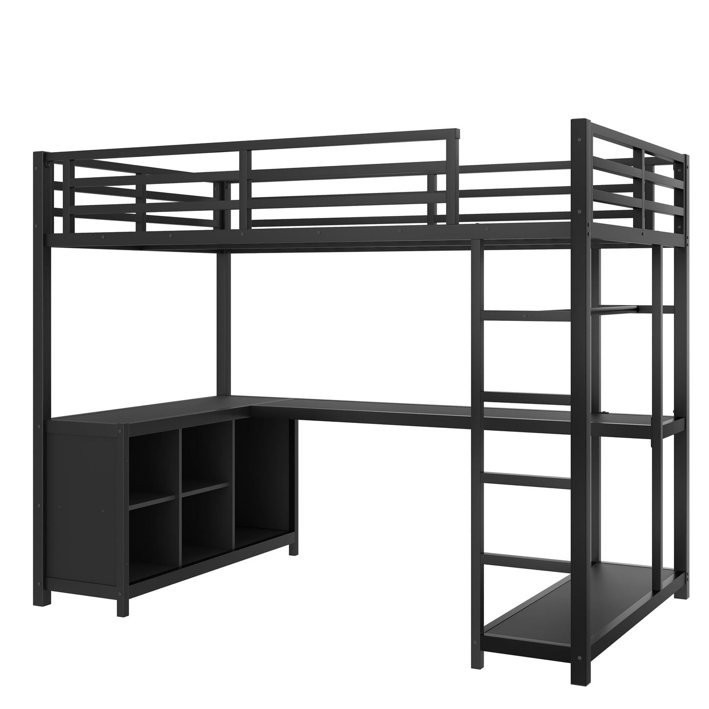 KEIKI Twin XL Metal Loft Bed with L-Shaped Desk and Wardrobe, Heavy Duty Loft Bed Frame with Storage Shelves & Cubes, Space Saving Loft Bed for Kids Teens Adults, Noise Free, Easy Assembly, Black