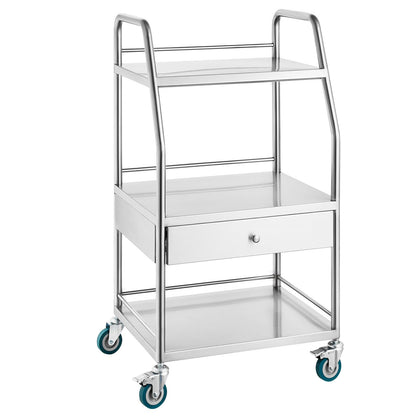 Happybuy Lab Serving Cart, 3-Tier Stainless Steel Utility Rolling Cart with Drawer, Medical & Dental Cart with Lockable Wheels, for Laboratory, Hospital, Clinic Use