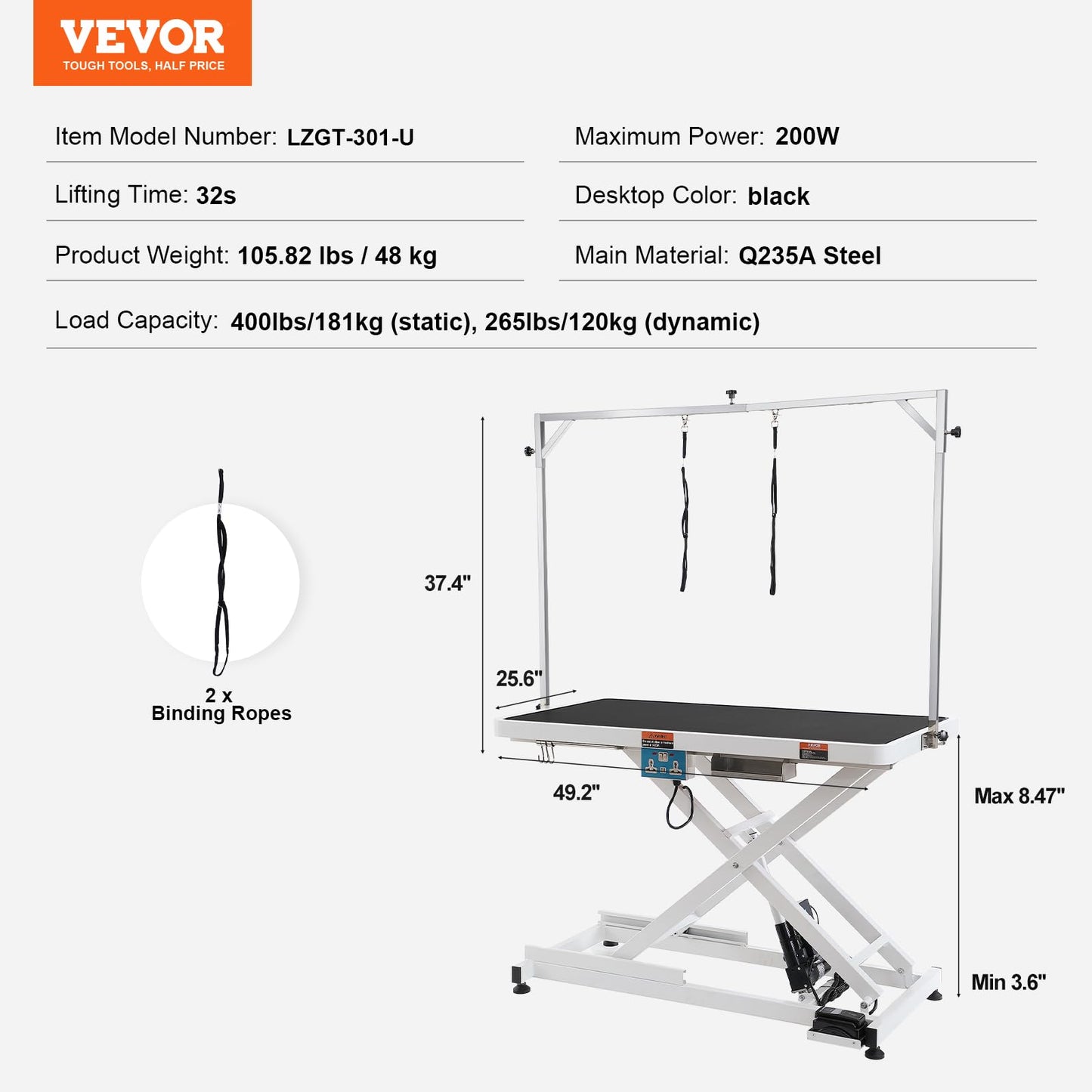VEVOR 50 Inch Pet Grooming Table, Heavy Duty for Large Dogs, Height Adjustable, Anti Slip Tabletop, Grooming Arm Included, Max Load 400LBS