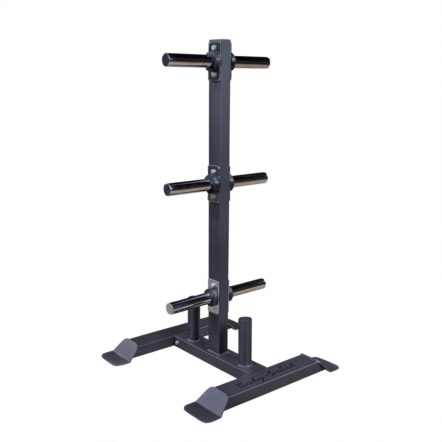 Body-Solid (GWT56) Heavy-Gauge Vertical Weight Tree Rack & Olympic Bar Holder, Commercial Bumper Plate Storage with 6 Chrome Weight Horns, Home Gym Weight Plates & Barbell Stand, 1000 lbs Capacity