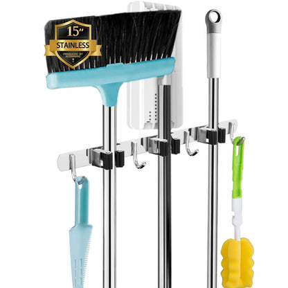 AceMining 5 Racks and 4 Hooks Mop and Broom Holder Wall Mount, Broom Organizer Storage Tool Racks Stainless Steel Heavy Duty Hooks Self Adhesive Solid Non-slip for Home Kitchen Garden Laundry Garage