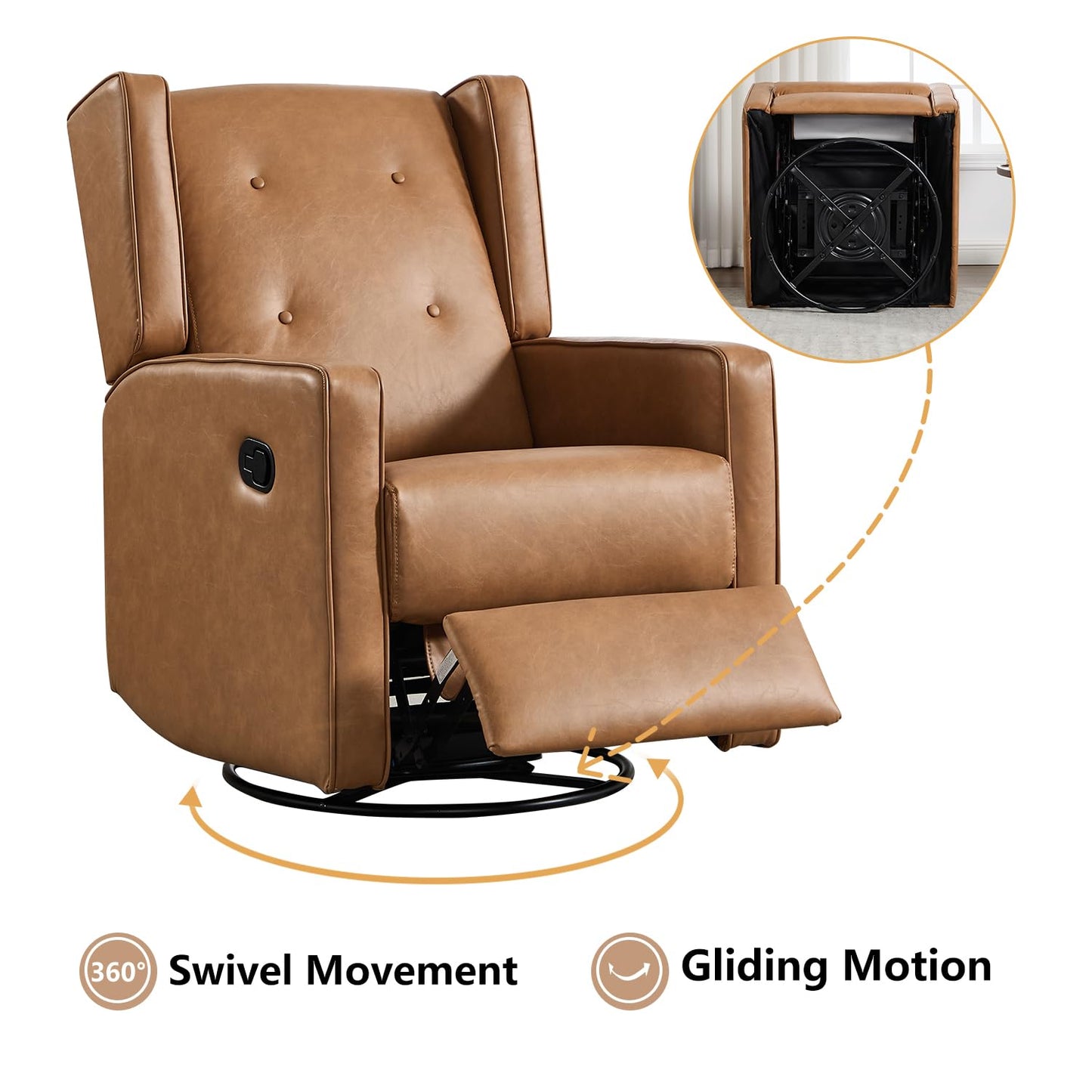 CANMOV Swivel Rocker Recliner Chair, Nursery Glider Chair, Nursery Rocking Chairs, Manual Reclining Chair, Brown