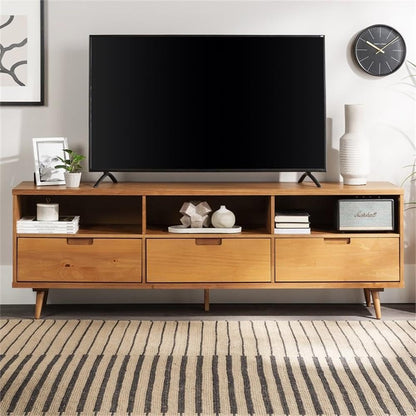 Walker Edison Millie Mid Century Modern 3 Drawer Solid Wood Low TV Stand for TVs up to 80 Inches 70 Inch Caramel
