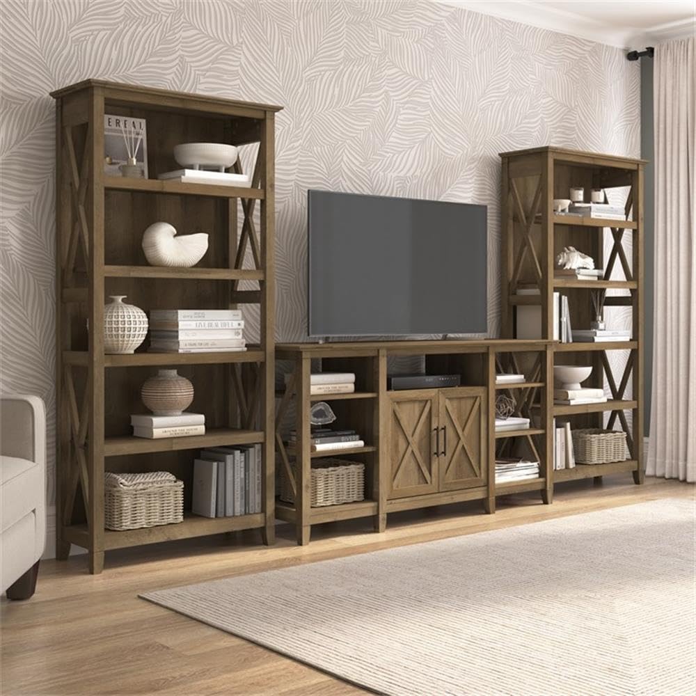 Bush Furniture Key West Tall TV Stand with Set of 2 Bookcases, Farmhouse Entertainment Center for 65 Inch Television, 17D x 60W x 66H, Reclaimed Pine