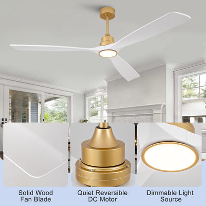 VCQQ 72 Inch Outdoor Ceiling Fans with Lights, Remote Control, Wall Switch, Reversible, Dimmable White and Gold Ceiling Fan with Light, Modern 3 Blade Wood Ceiling Fans for Living Room Patio