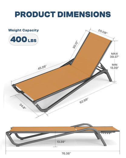 Patio Kingdom 3-Piece Patio Chaise Lounge Set with Side Table, Set of 2 Adjustable Pool Chairs and Aluminum Bistro Table, All-Weather Outdoor Furniture for Pool Deck, Patio & Tanning, Solar Orange