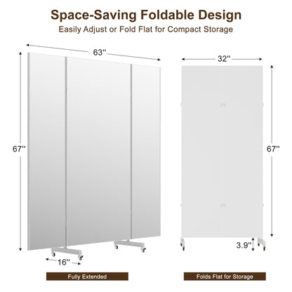 Full Length Stand Up Mirror on Wheels,63''×67'',Large Tri-Fold Floor Mirror with Stand,Movable 3-Way Full Length Standing Mirror for Gym, Dance Studio, Fitness Room, and Home (Silver)