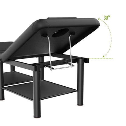 Folding Stationary Massage Table with Backrest and Storage Space for Treatment Table Physical Therapy Table Spa Facial Bed, 6 Round legs Metal Frame PU Leather, 30.5'' Wide × 75'' Long - Black