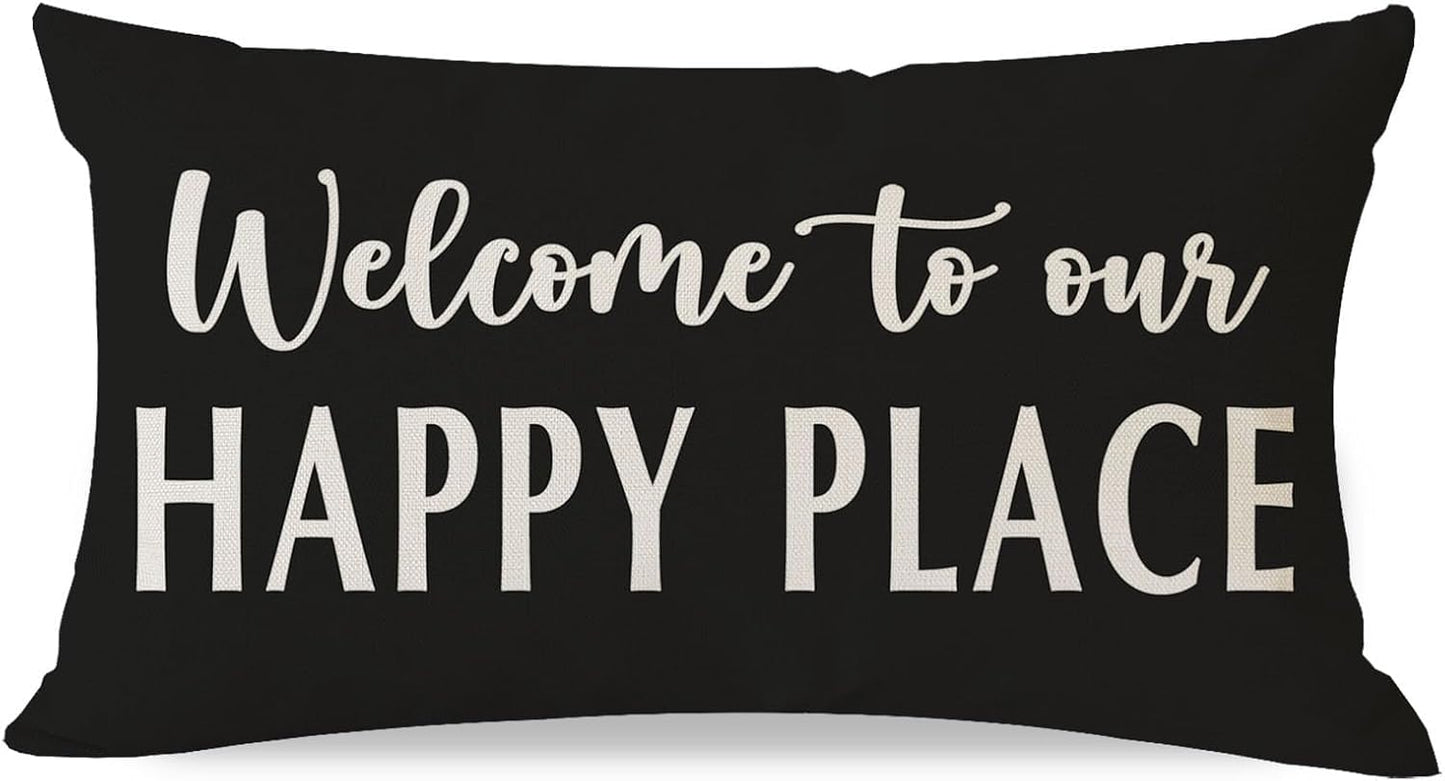 12x20 Inch Decorative Throw Pillow Cover Welcome to Our Happy Place Black White Outdoor Modern Farmhouse Front Porch