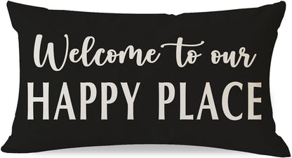 12x20 Inch Decorative Throw Pillow Cover Welcome to Our Happy Place Black White Outdoor Modern Farmhouse Front Porch