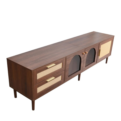 Ball & Cast Rattan TV Stand for TVs up to 80",Modern Entertainment Center with LED Light and 2 Drawers & 3 Doors,TV Media Console w/Storage Cabinets and Solid Wood Legs for Living Room,Dark Brown