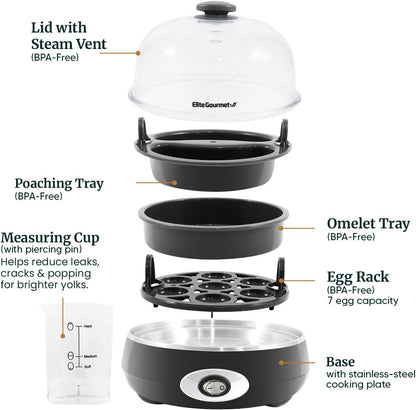 EGC007CHC# 7 16-Recipe Elite Gourmet Rapid Egg Cooker, Easy-To-Peel, Hard, Medium, Soft Boiled Eggs, Poacher, Omelet