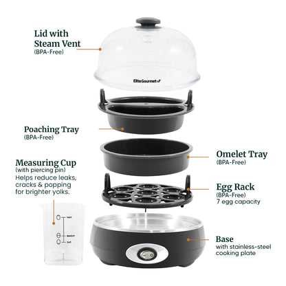 Elite Gourmet EGC007CHC# Rapid Egg Cooker, 7 Easy-To-Peel, Hard, Medium, Soft Boiled Eggs, Poacher, Omelet Maker, Auto Shut-Off, Alarm, 16-Recipe Booklet, Charcoal Grey