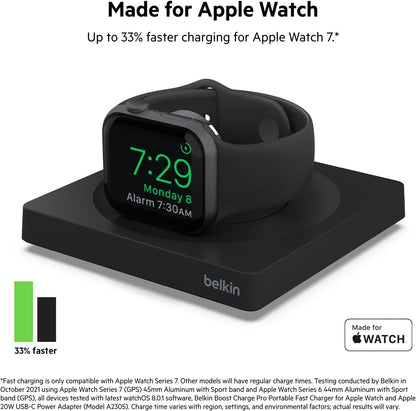 Belkin Apple Watch Charger - Fast Wireless Charging Pad - Travel Charger with Nightstand Mode W/USB-C Cable Included for Apple Watch (Compatible with All Models) - Black