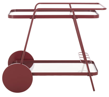 SAFAVIEH Home Collection Zunia Brick Red & Clear Glass 2-Tier Kitchen Dining Bar Cart Trolly with Wheels