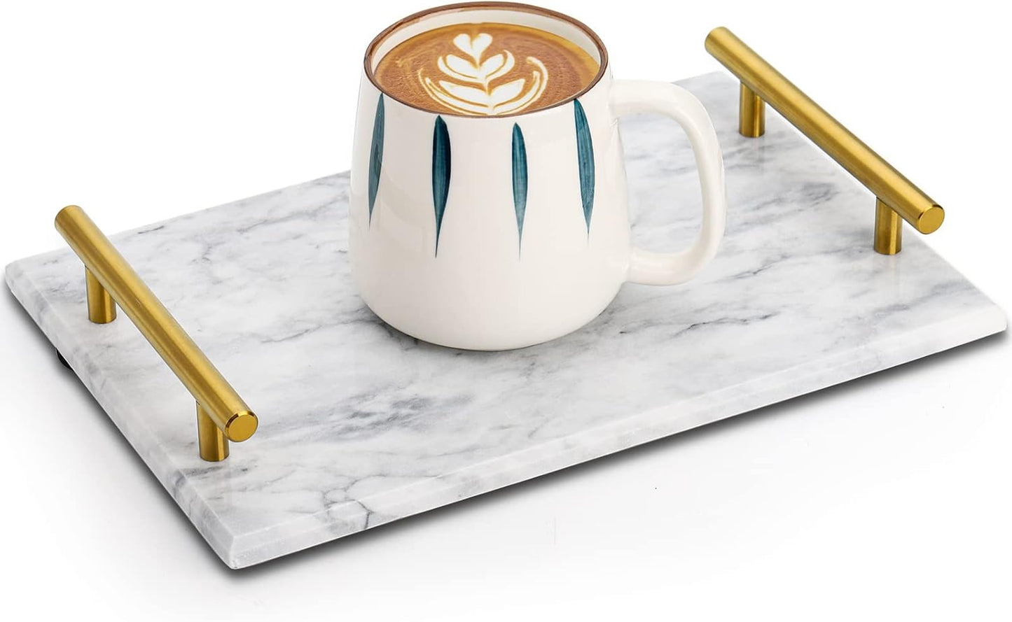 12" DEAYOU Decorative Tray with Gold Handles, Natural Marble Stone Tray, Nightstand Serving Tray with Metal Handle