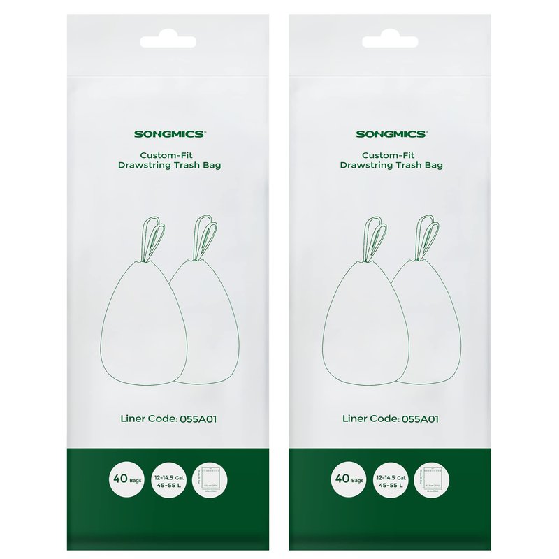 SONGMICS Trash Bags for 12-14.5 Gallon (45-55L) Trash Cans,80 Count Drawstring Kitchen Garbage Bags, Pre-Separated, Liner Code 055A01, 2 Rolls,White UKRB055A02