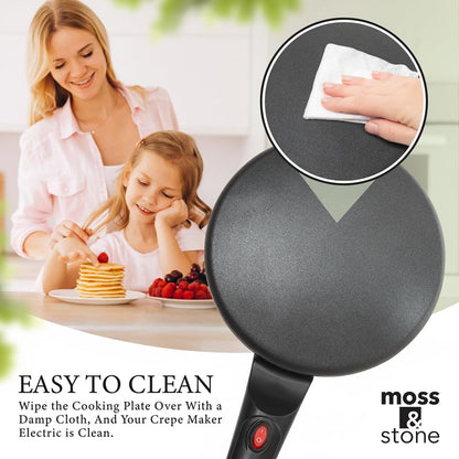 Moss & Stone Electric Crepe Maker – 8” Portable Crepe Pan Nonstick with Dipping Plate, Auto Shut-Off, On/Off Switch, Even Heating & One Automatic Temperature Control – Compact Crepe Maker