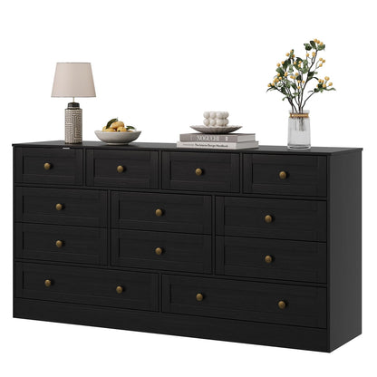 Garvee Wooden Dressers for Bedroom with 12 Drawer, Black Dresser for Adult Bedroom, Modern Wood Chest of Drawers for Living Room, Closet, Hallway, Farmhouse TV Stand Dresser for 75" TV, 61" W×31.5" H