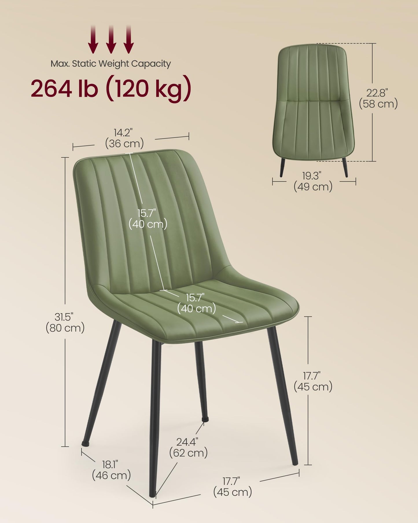 VASAGLE Dining Chairs Set of 6, Upholstered Kitchen Chairs, Synthetic Leather, Max. Load 264 lb, Steel Legs, Curved Backrest, for Dining Room, Forest Green and Ink Black ULDC090CH02-3J