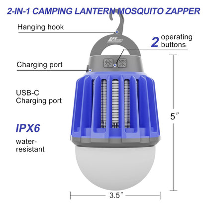 Wisely Bug Zapper Outdoor/Indoor Electric, USB-C Rechargeable Mosquito Killer Lantern Lamp, Portable Insect Electronic Zapper Indoor Trap, with LED Light 2PK