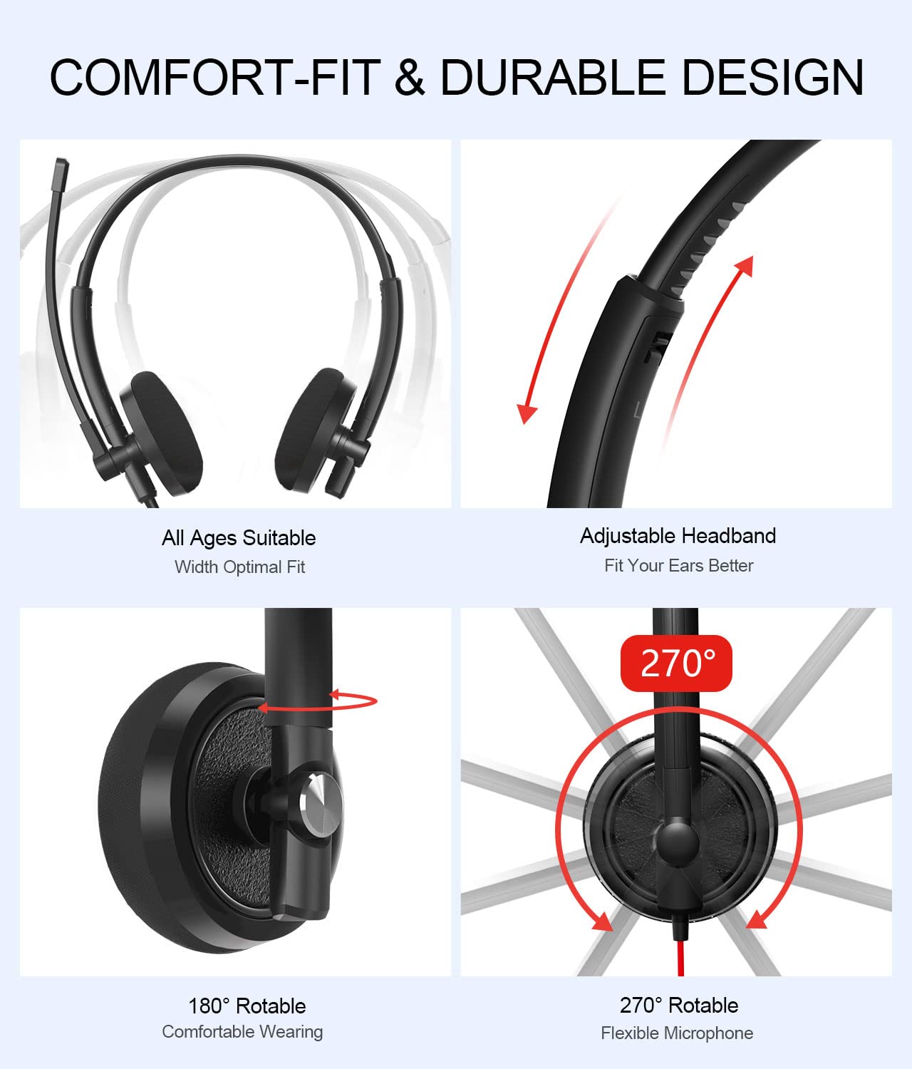 HROEENOI USB Headset, Noise Cancelling Headphones with Microphone, PC Headset Wired for Computer/Mac/Laptop, with USB+3.5mm Jack, in-line Controls for Office Home Business