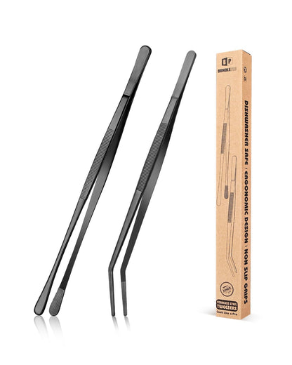 2 Pcs Kitchen Fine Tweezer Tongs, 12'' Stainless Steel Food Tweezers Set, Professional Black Kitchen Long Tweezer for Cooking, Repairing, Sea food and BBQ(BLACK)