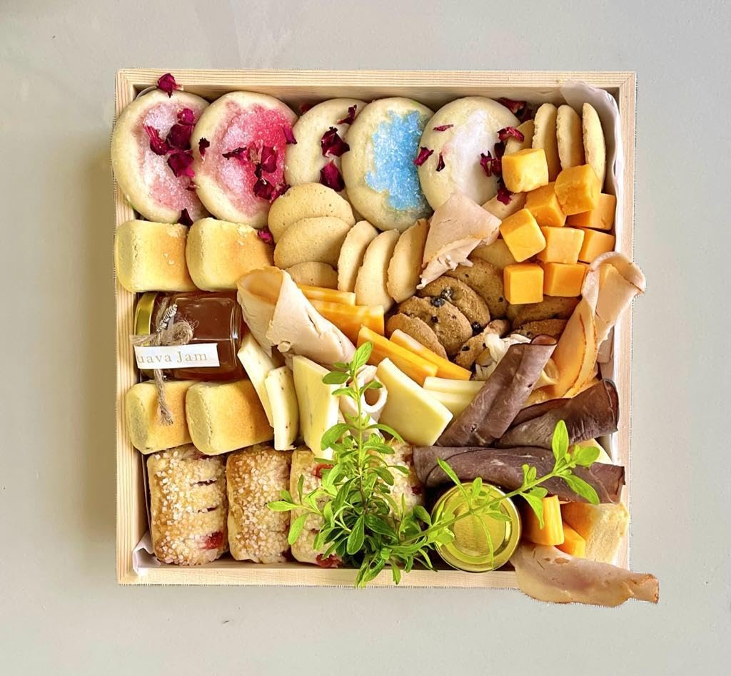 Cookies And Cheese Charcuterie Board- Meat Lovers Assorted Baked Goods, Cookies, Pastries, Bread, Jams, (Large Board 18x14)