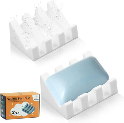 2) Silicone Soap Dish for Bar Soap Holder for Shower Bathroom Self Draining Waterfall Drying Tray Keep Soap Bars Dry