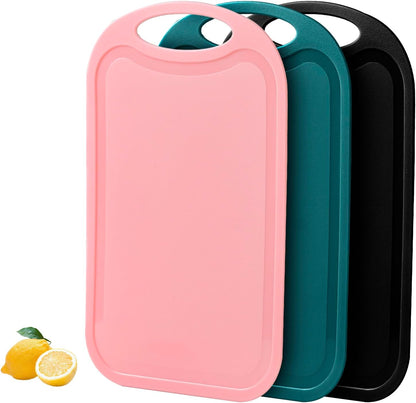 Cutting Boards for Kitchen, 3 Piece Plastic Cutting Board Set, Chopping Board with Juice Grooves and Carrying Handle