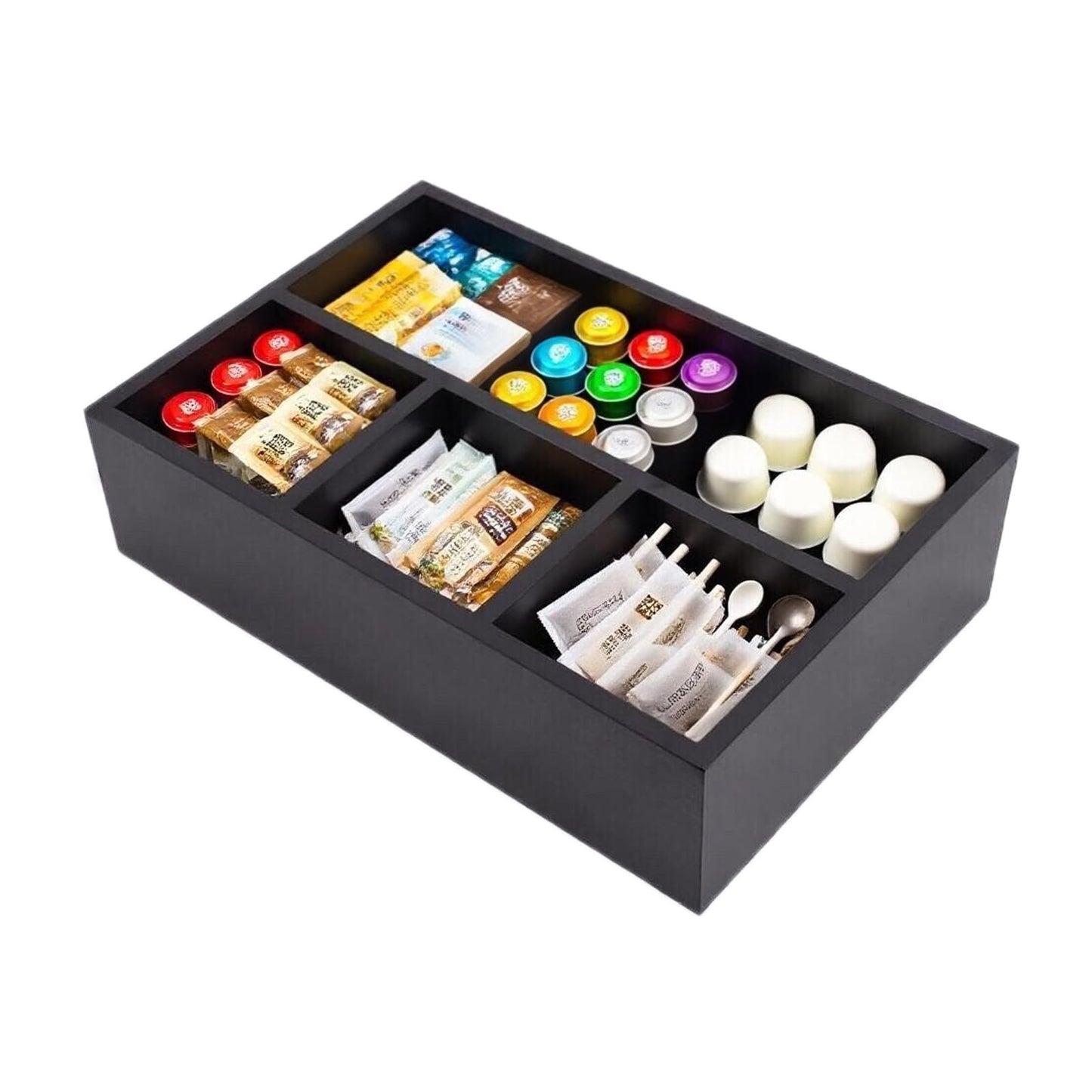 HymoConn Tea Bag Organizer Wood Black, 4 Compartments Tea Bag Holder, Large Capacity Sugar Packet and Coffee Station Organizer, Tea Bags Caddy Drawer Storage Container for Countertop