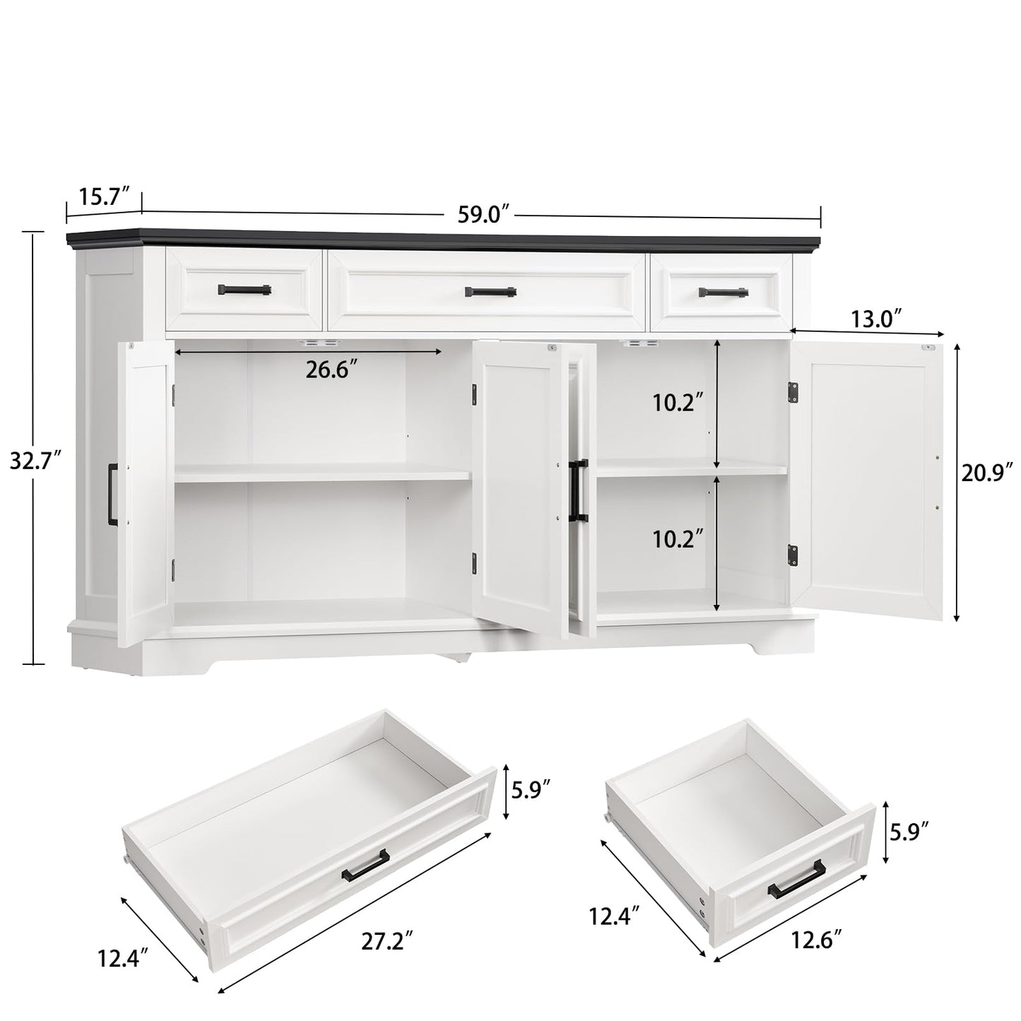 usikey 59” Large Buffet Cabinet with 4 Doors and 3 Drawers, Buffet Sideboard Cabinet with Storage and 2 Adjustable Shelves, Coffee Bar, Wine Bar for Living Room, White