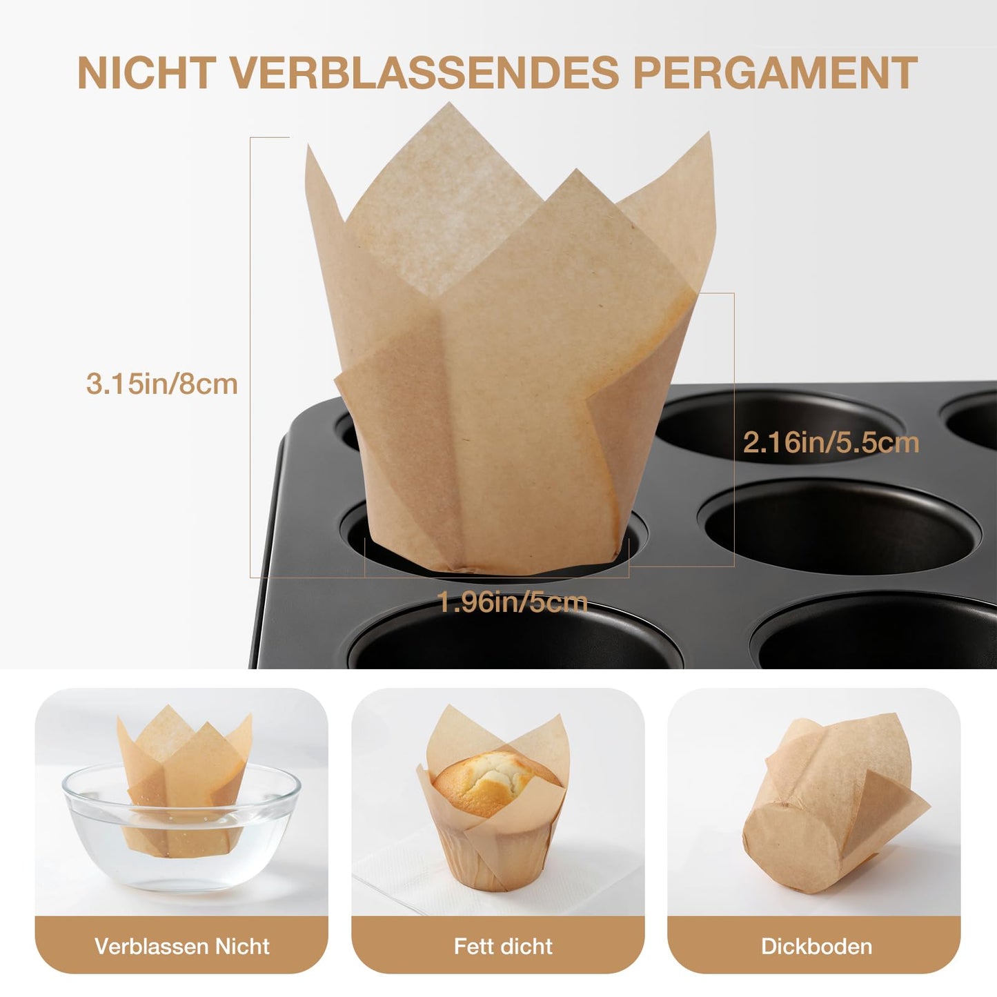 200pcs Tulip Cupcake Liners, Standard Greaseproof Paper Baking Cups Muffin Liners Holders Perfect for Bridal Showers, Baby Showers, Birthday Parties, Banquets, and Catering Events (Natural)