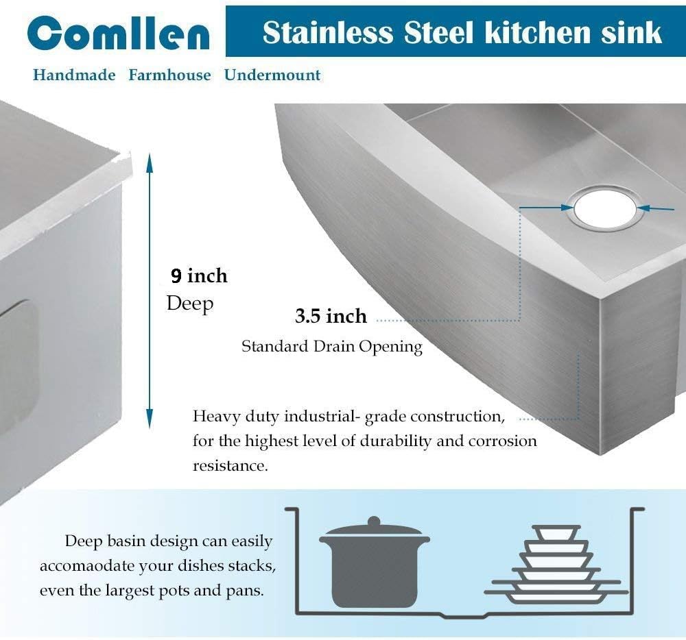 Comllen Commercial 30x20 Inch 304 Stainless Steel Farmhouse Sink, Single Bowl Kitchen Sinks 16 Gauge 9 Inch Deep Handmade Undermount Farm Apron Front Kitchen Sink