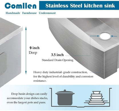 Comllen Commercial 30x20 Inch 304 Stainless Steel Farmhouse Sink, Single Bowl Kitchen Sinks 16 Gauge 9 Inch Deep Handmade Undermount Farm Apron Front Kitchen Sink