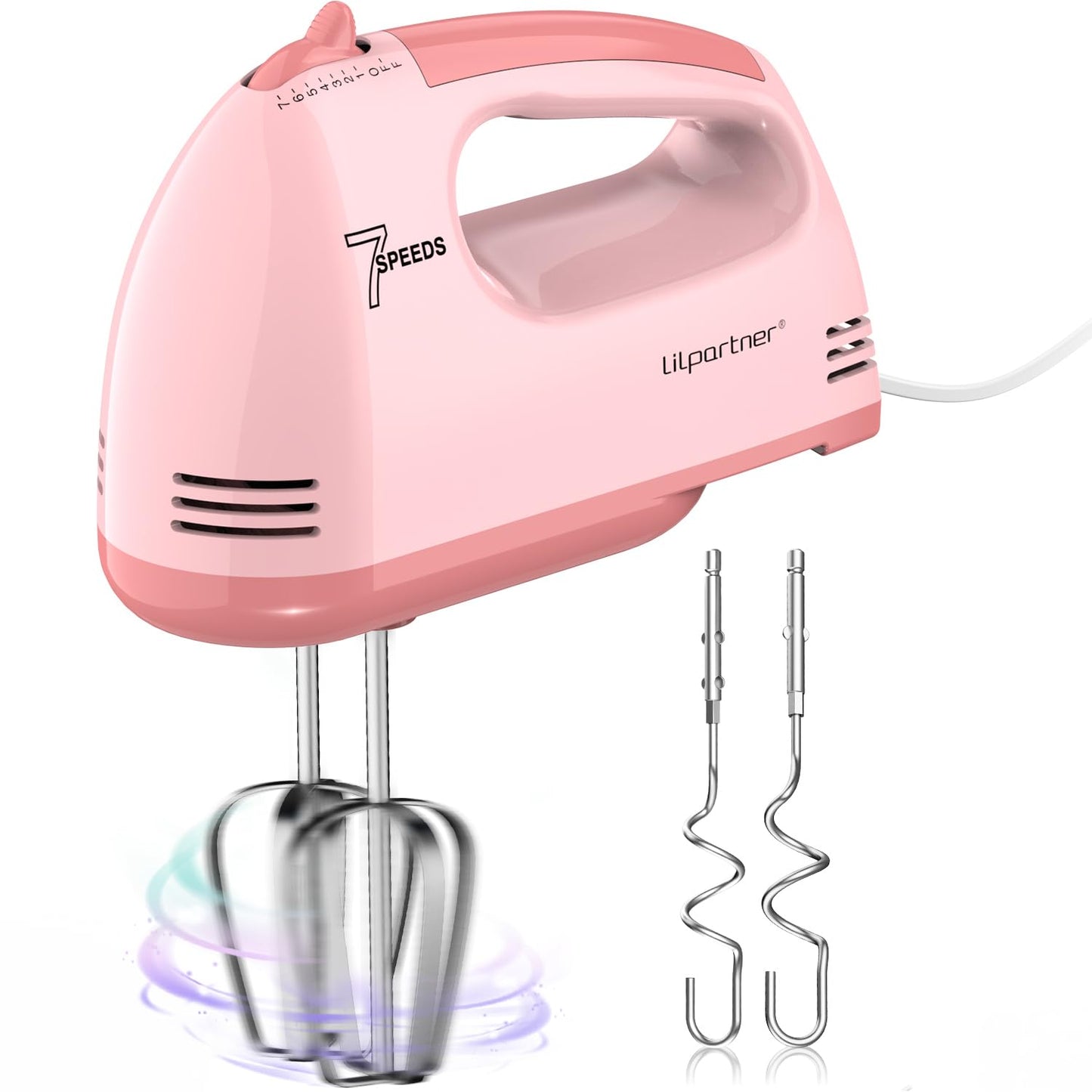 LILPARTNER Hand Mixer Electric, Small Food Mixer 7 Speeds Handheld Blender, 304 *(2* Beater, 2*Dough Hook) Kitchen Blender for Cream, Cookies, Dishwasher Safe