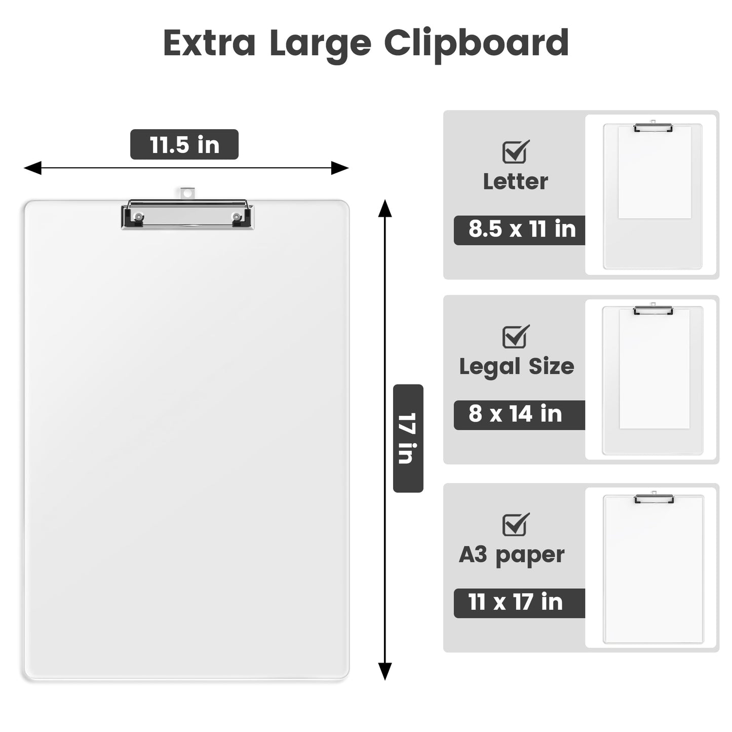 Macroclo Extra Large 11x17 Clipboards, Plastic Clear Drawing Boards, Horizontal Clip Board, Vertical Layout. Suitable for Watercolor, Sketching, Painting. Art & Drafting Supply(Pack of 6)
