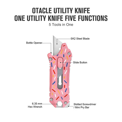 OKNIFE Otacle EDC Retractable Utility Knife, Box Opener Razor Knife, Multifunctional Tool with Belt Cutter, Bottle Opener, Hex Wrench and 6.35 mm Slotted Screwdriver(Doughnut)