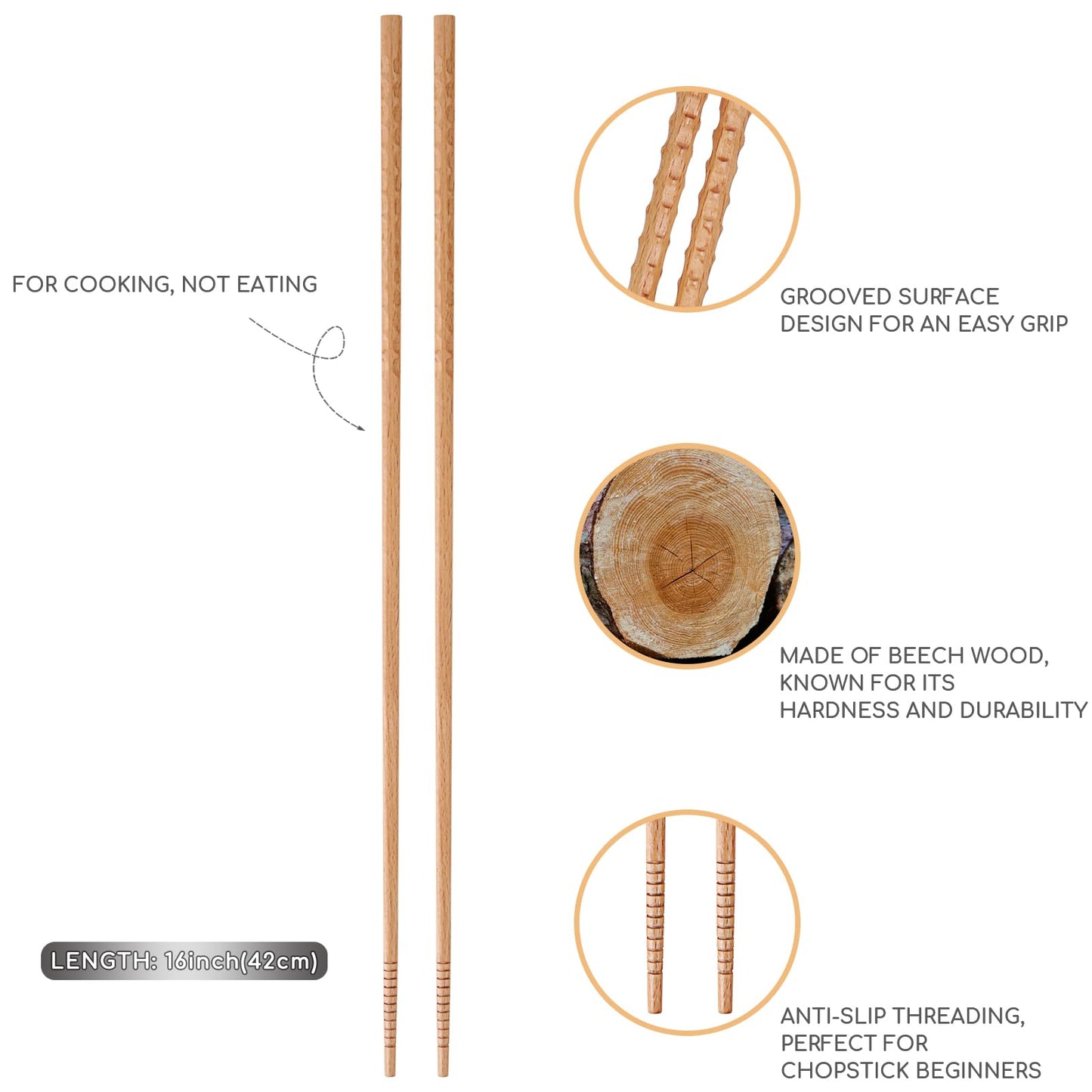 Donxote Extra Long Wooden Cooking Chopsticks - Set of 6 Non-Slip 16.5 Inch Kitchen Tongs for Frying, Ramen, Hot Pot with Oil Splash Protection, Reusable & Natural