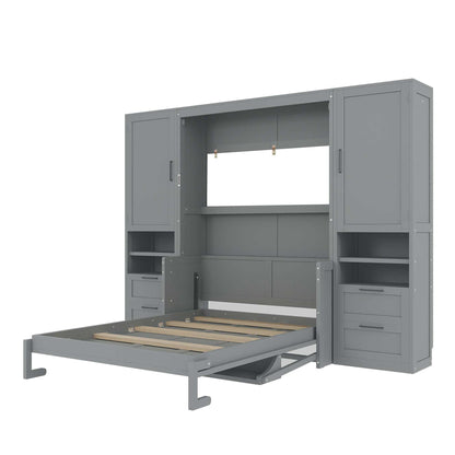 Merax Full Size Murphy Bed with Desk, Closet, Drawers and Shelves, Multifunctional Foldable Wood Platform Bed Frame for Small Spaces Studio Study Office Guest Room, Space-Saving Design, Gray