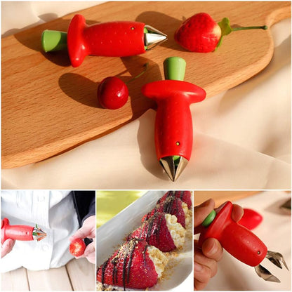 Strawberry Huller Stem Remover and Slicer Set, Stainless Steel Blade Kitchen Tools for Potatoes Pineapples Carrots